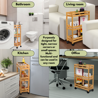 Bamboo Slim Storage Cart with Wheels (3-Tier)
