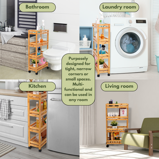 Bamboo Slim Storage Cart with Wheels (4-Tier)