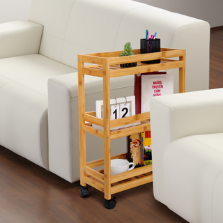 Bamboo Slim Storage Cart with Wheels (3-Tier)