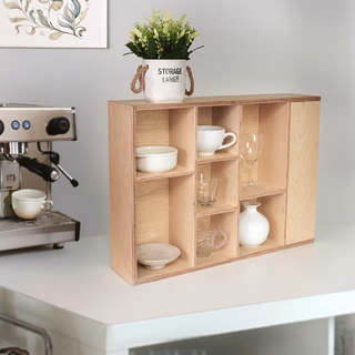 Wooden Display Shelf with Side Compartments for Mugs, Cups & Small Collectibles