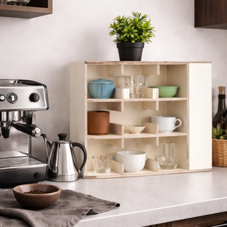 Coffee Tea Mug Cup Display Shelf With Side Compartments (Cream White)