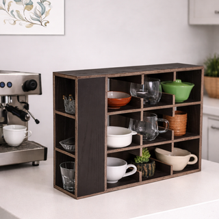 Coffee Tea Mug Cup Display Shelf With Side Compartments (Dark Brown)