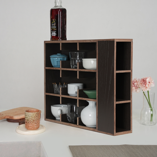 Coffee Tea Mug Cup Display Shelf With Side Compartments (Dark Brown)