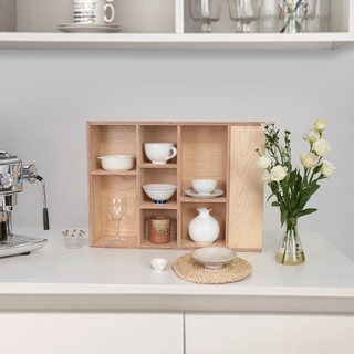 Wooden Display Shelf with Side Compartments for Mugs, Cups & Small Collectibles