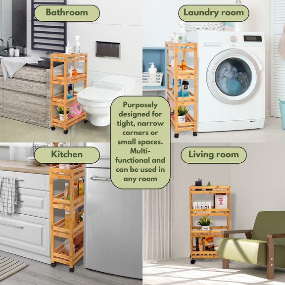 Bamboo Slim Storage Cart with Wheels 4 Tier Bamboo Homebody